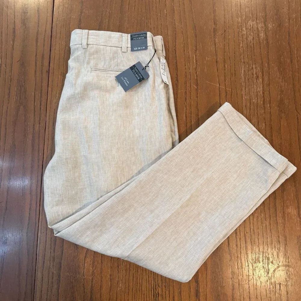 Jos A Bank Traveler Linen Dress Pants 38x29 Stone Pleated Classic Fit NWT